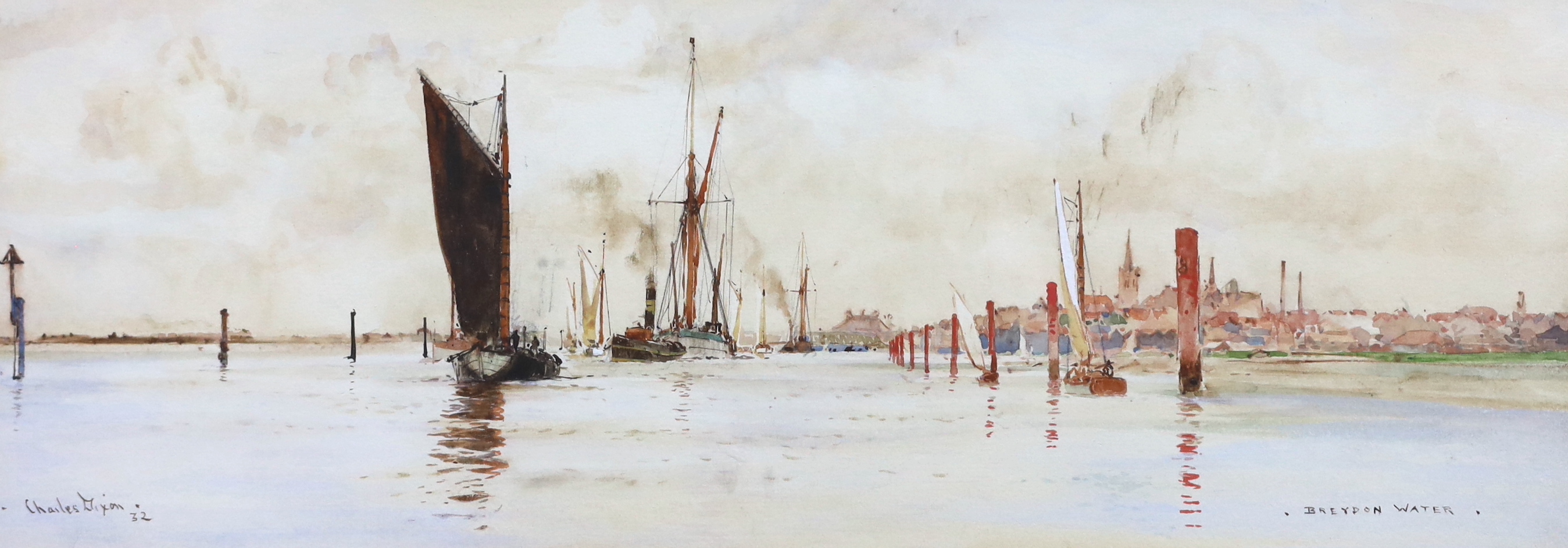 Charles Edward Dixon, R.I. (English, 1872-1934), 'Blown Boats at Ouldon', 'Oulton Broad' & 'Breydon Water', three watercolours, 14 x 38cm